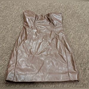 EUC Fashion Nova M Brown Faux Vegan Leather sleeveless open shoulder dress